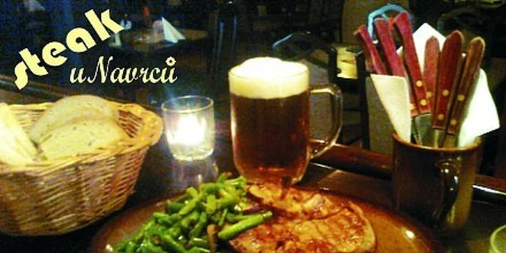176 Kč za 300g Fort Steak, košík pečiva, pivo Rebel v hodnotě 235 Kč