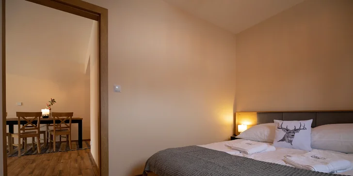 Spaní je řešeno buď jednou manželskou postelí a rozkládací pohovkou, nebo dvěma manželskými lůžky.