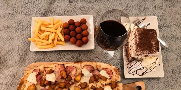 Italské menu pro dva: předkrm, pinsa, dezert a nápoj podle výběru