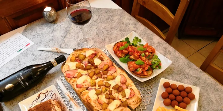Italské menu pro dva: předkrm, pinsa, dezert a nápoj podle výběru