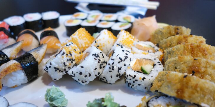 Asijská restaurace: 38 až 60 ks sushi s lososem, úhořem, tuňákem i avokádem