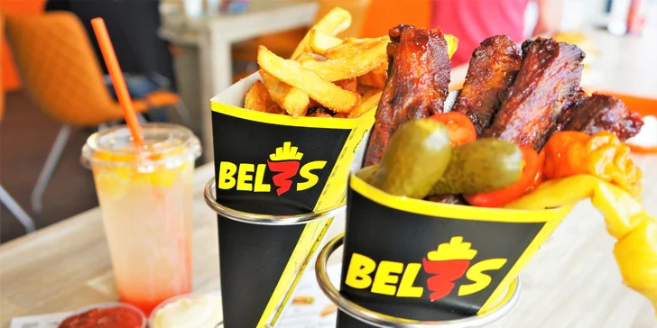 Burger či šťavnatá žebra s hranolky, omáčkou a domácí limonádou