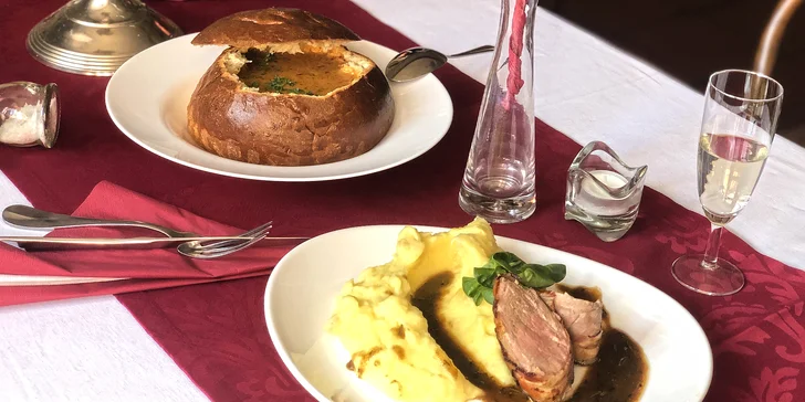 3chodové menu s panenkou i kuřecím steakem a nápoj podle výběru pro dva