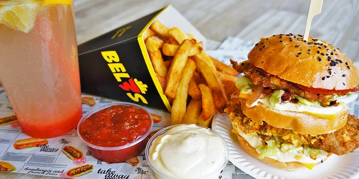 Burger či šťavnatá žebra s hranolky, omáčkou a domácí limonádou