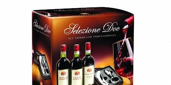 356 Kč za dárkovou kazetu Selezione DOC s výběrem vín a kazetou s vývrtkou