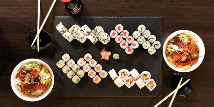 Rolované dobroty: sushi sety 24–58 ks i s vegetariánským salátem Chay