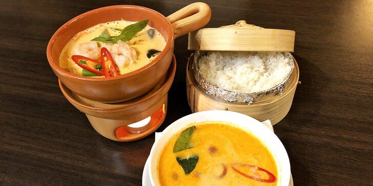 Red nebo Green curry s lilkem a kokosovým mlékem i thajskou polévkou