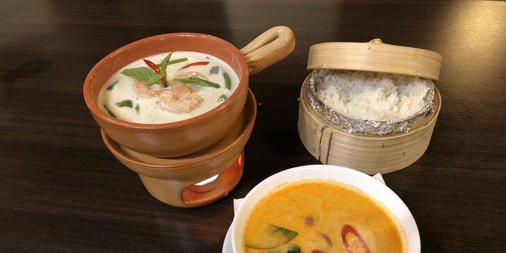 Red nebo Green curry s lilkem a kokosovým mlékem i thajskou polévkou
