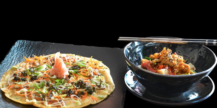 Japonské menu: tradiční omeleta s vepřovým i maso v teriyaki omáčce