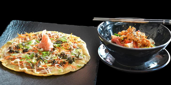 Japonské menu: tradiční omeleta s vepřovým i maso v teriyaki omáčce