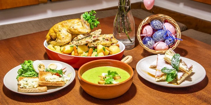 4chodové velikonoční menu pro pár: hráškový krém, jarní kuřátko i dezert
