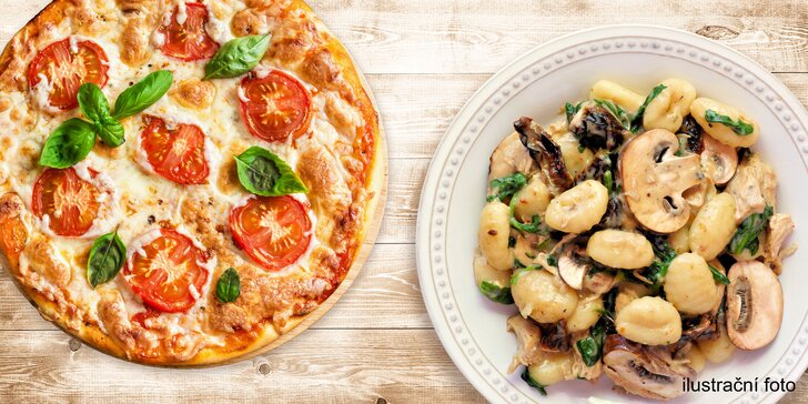 Dvě dobroty podle výběru: 9 druhů pizzy i gnocchi s kuřecím či s kebabem