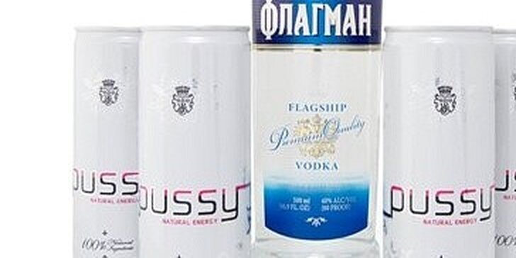 Balíček prémiové ruské vodky Flagship 0,5l a 4ks energetického nápoje Pussy