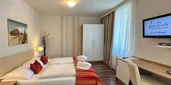 Zabydlíte se v moderně zařízeném dvoulůžkovém pokoji.