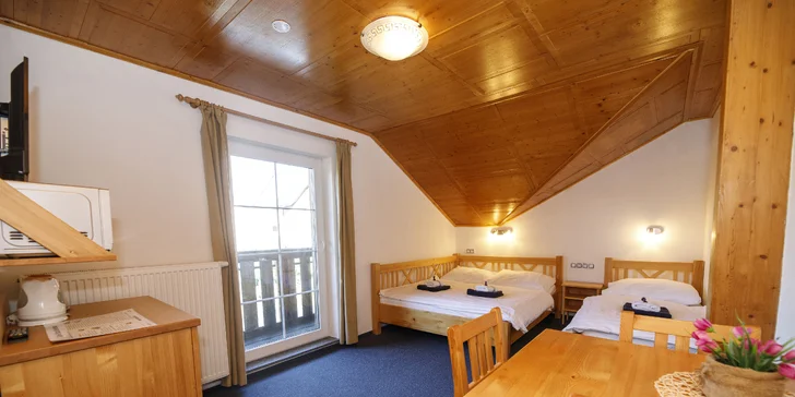 V každém pokoji je k dispozici manželská postel a jednolůžko, TV, minibar a mikrovlnná trouba.