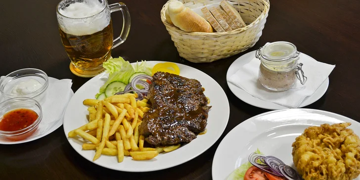Předkrm a steak z mladého býčka nebo rumpsteak pro 1 či pro 2 osoby