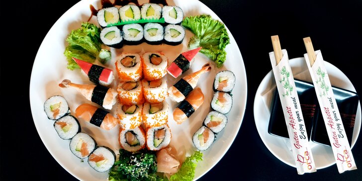 Asijská restaurace: 30 až 60 ks sushi s wasabi, zázvorem a sushi salátem