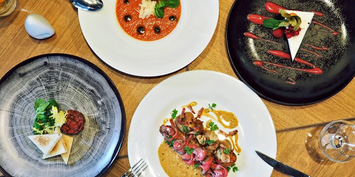4chodové menu ve špičkové restauraci: tatarák, gazpacho, roastbeef a dezert