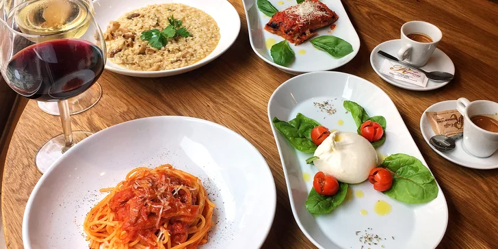 Italské degustační menu: buvolí mozzarella, zapečený lilek, rizoto i špagety