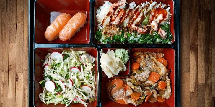 Bento dobroty pro 1–2 milovníky asijské kuchyně: krevety, kuřecí i sake nigiri