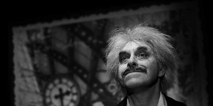 Vstupenka na představení Relativita v divadle v Řeznické: Miroslav Táborský jako Albert Einstein