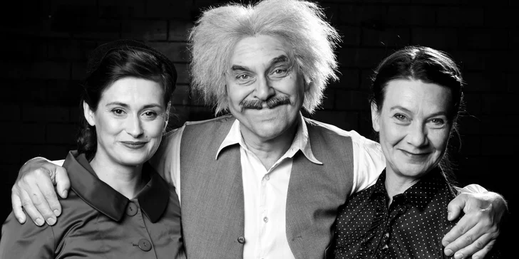 Vstupenka na představení Relativita v divadle v Řeznické: Miroslav Táborský jako Albert Einstein