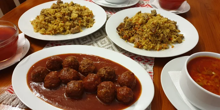 4chodové rusko-uzbecké menu: polévka, plov, masové koule a kisel
