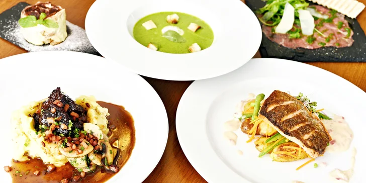 5chodové degustační menu pro 2: carpaccio, špenátový krém, hovězí i ryba