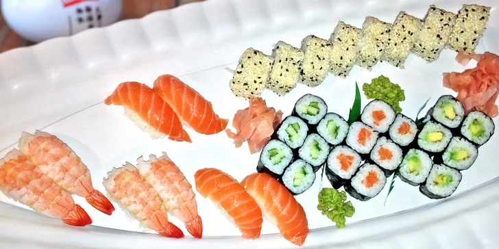 Pestré sushi sety i s polévkou podle výběru: 24 nebo 34 kousků