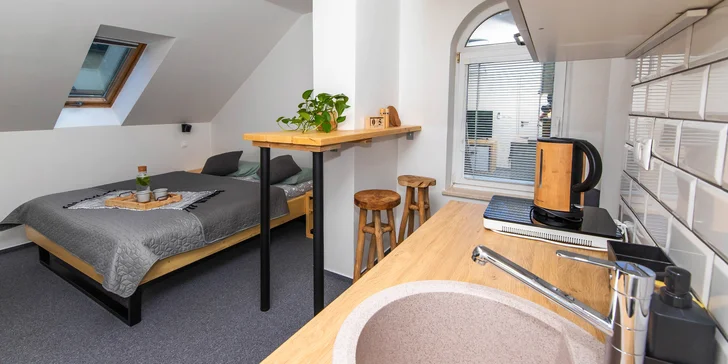 Ubytováni budete ve stylově zařízeném apartmánu s vlastní koupelnou, lednicí a TV. 