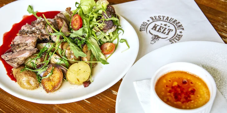 Tříchodové menu i s láhví sektu pro dva: polévka, kachní prsa a crème brûlée