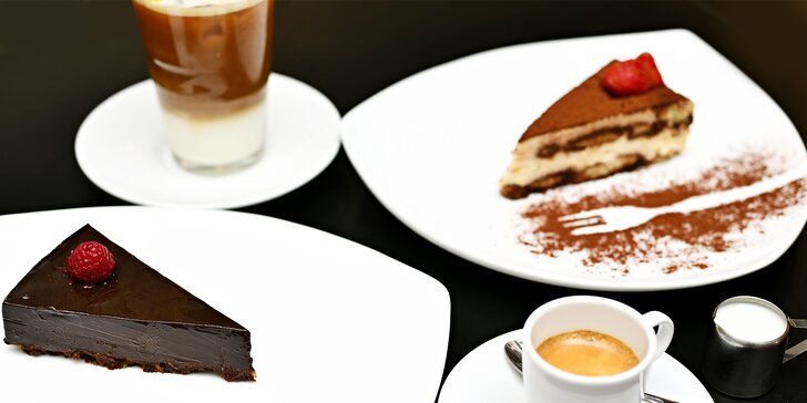 Tiramisu, cheesecake nebo čokoládový dort a nápoj podle výběru