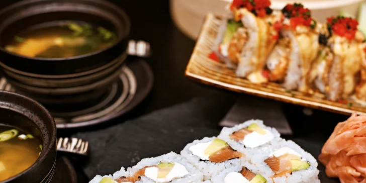 16–46 ks sushi v menu i se saláty, miso polévkami a gyoza taštičkami