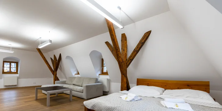 Apartmán ponúka manželskú posteľ a 2 pohovky. 