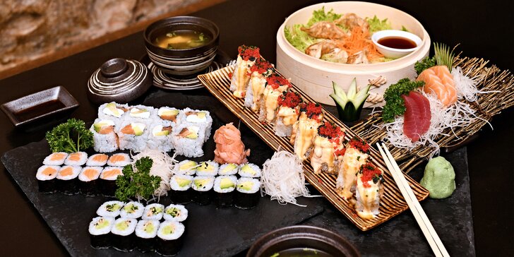 16–46 ks sushi v menu i se saláty, miso polévkami a gyoza taštičkami