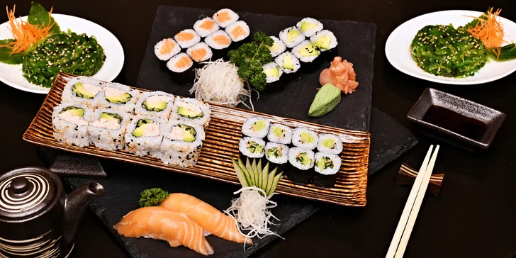 16–46 ks sushi v menu i se saláty, miso polévkami a gyoza taštičkami