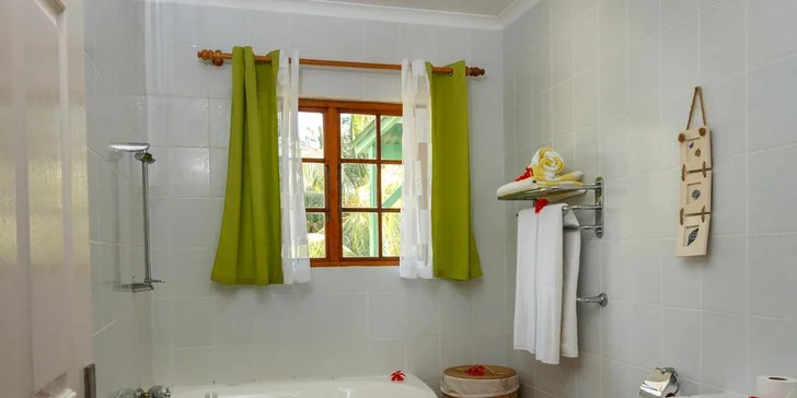 V koupelně je rohová vana, sprcha i bidet.