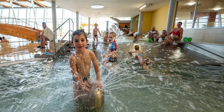Vnútri aquaparku je tiež baby pool - bazénik pre najmenších, ktorý je vyhriaty na 30° C a nájdete v ňom šmykľavku a vodný hríb.