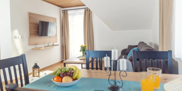 Súčasťou vybavenia je obývacia časť s rozkladacou pohovkou, ktorá je vhodná na spanie ako prístelka (na fotke apartmán MEZONET). 
