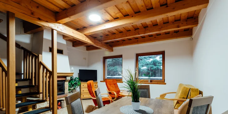 V přízemí apartmánu je společenská místnost s krbem.