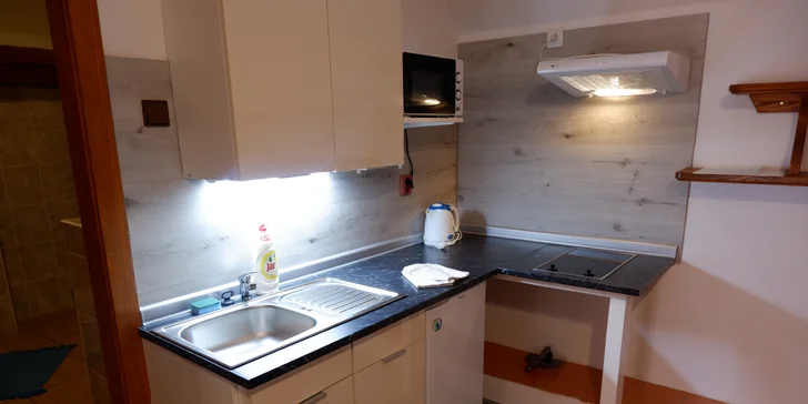Srdcem apartmánu je prostorná hlavní místnost, kde najdete manželskou postel, infrasaunu a plně vybavený kuchyňský kout.
