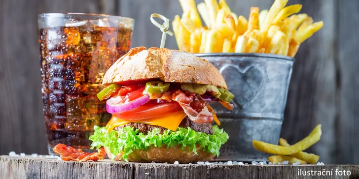 Burger podle výběru z 5 druhů, hranolky a limonáda pro 1 nebo 2 osoby