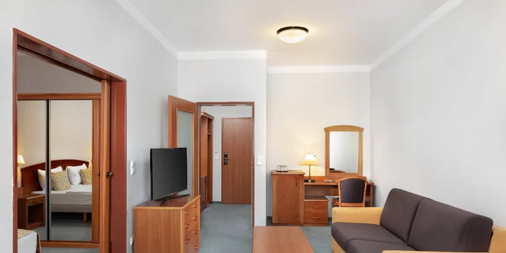 Apartmán nabízí oddělenou ložnici a obývací část s rozkládací pohovkou.