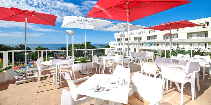 K hotelu Delfin Plava Laguna patrí terasa s bazénom a ležadlami.