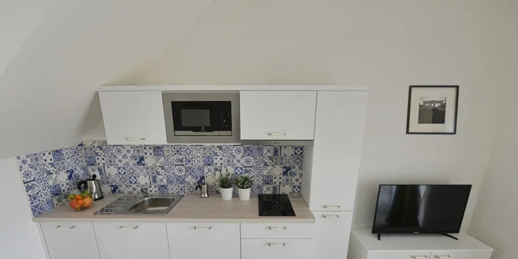 Kuchyňský kout je plně vybavený, najdete tu varnou desku, mikrovlnnou troubu, lednici, myčku, rychlovarnou konvici i nádobí.