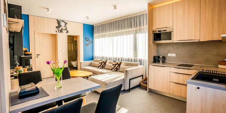 Všetky apartmány disponujú modernou kuchyňou či kuchynským kútom.