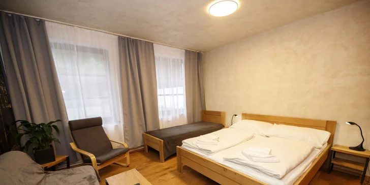 V pokoji najdete vše potřebné: koupelnu s toaletou a vanou nebo sprchovým koutem a přistýlku pro 3. nebo 5. hosta.