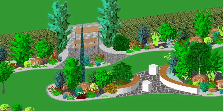 Pomocí 3D grafiky vám na míru ušijí půdorys pozemku, na kterém uvidíte vyznačené záhonky, rostlinky, cesty, chodníky, bazén a další objekty. 
