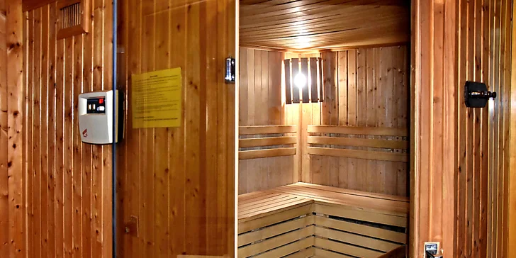 Tradiční finská dřevěná sauna je vybavená zvlhčovacím vědrem, k dispozici je i ochlazovací kyblík se studenou vodou.