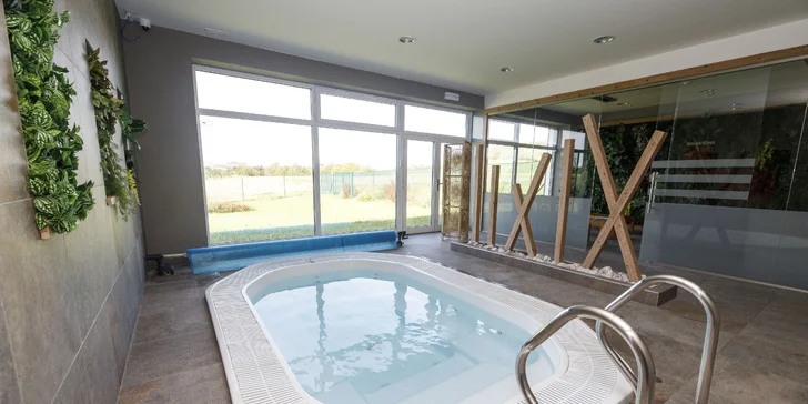 Ve wellness je vířivka, sauna s ochlazovacím bazénkem a relaxační místnost. 